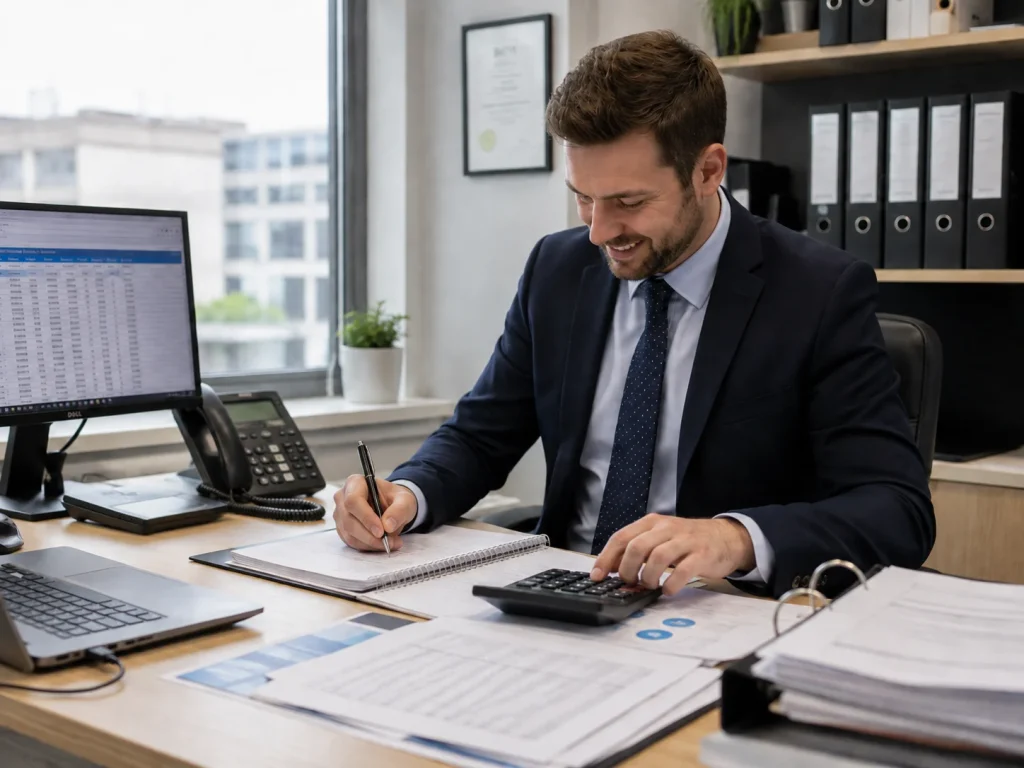 Accounting professional reviewing small-business financial records