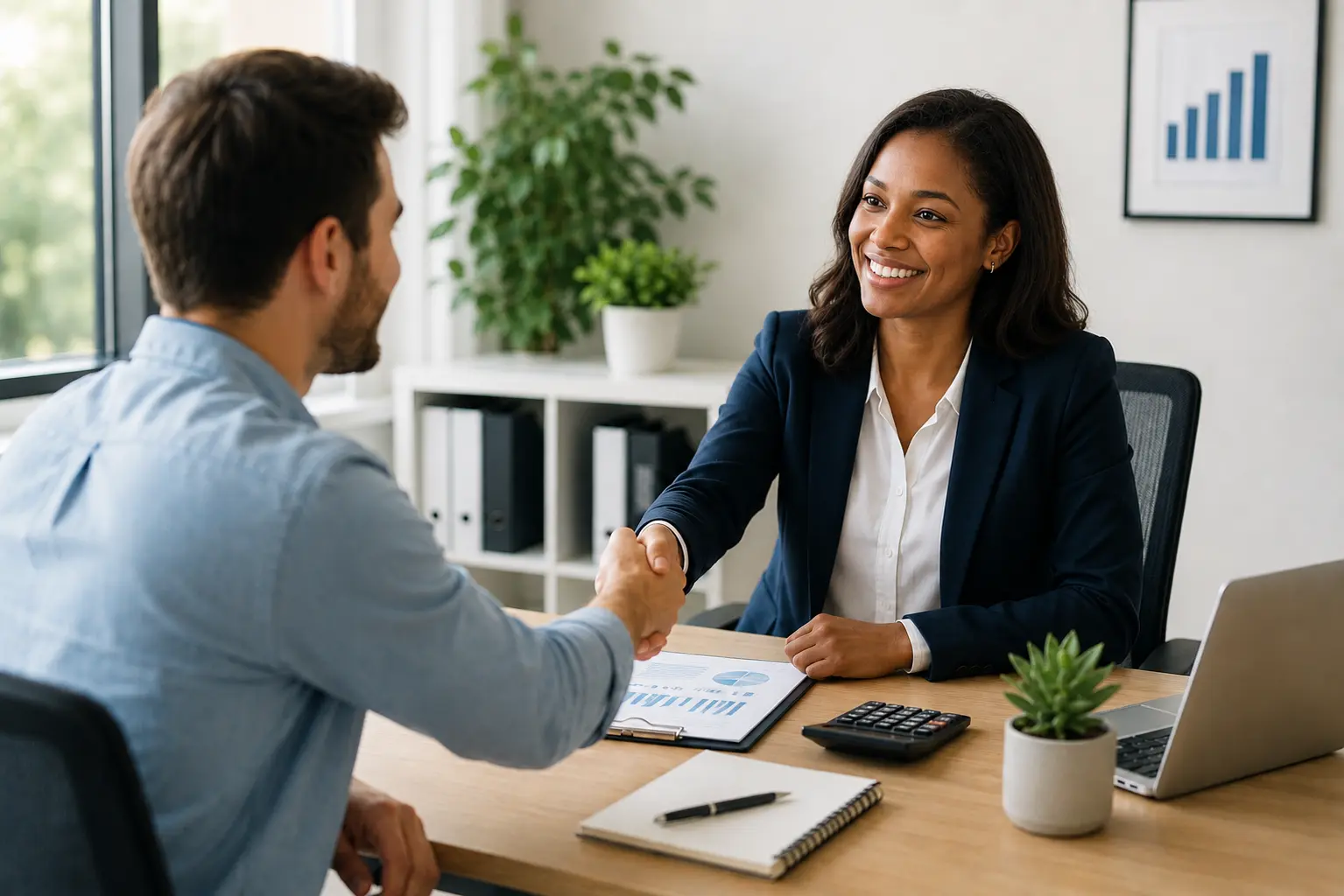 Trusted and qualified bookkeeper shaking hands with a customer