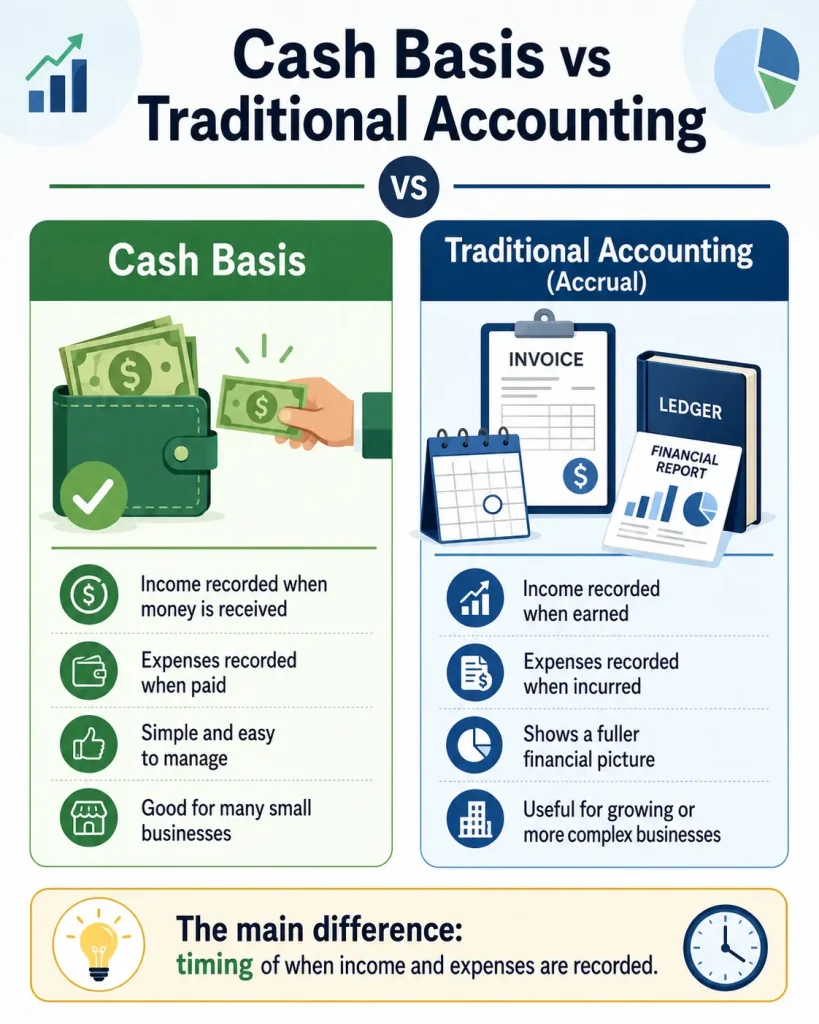 This image is about Cash Basis vs Traditional Accounting