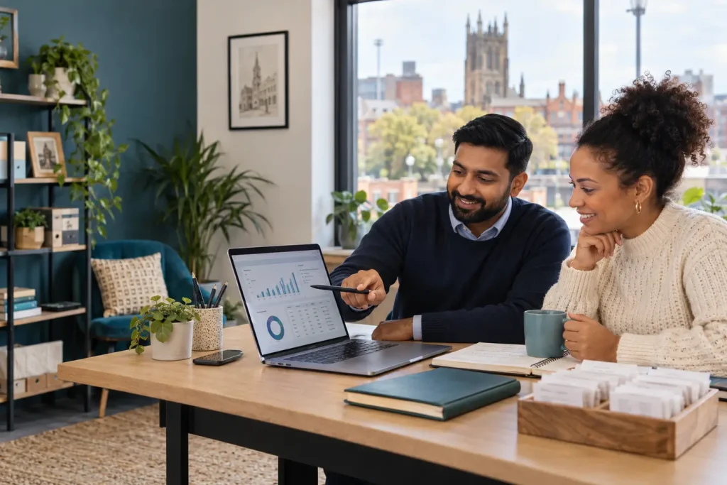 Professional bookkeeper helping a Wolverhampton sole trader review digital records