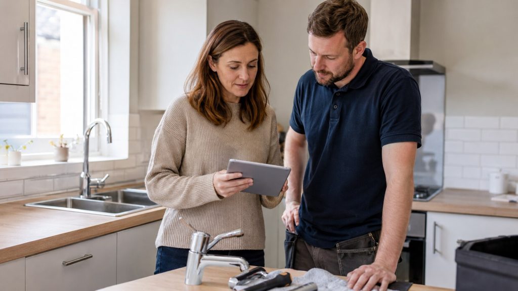 Landlord reviewing rental-property repair expenses with a tradesperson