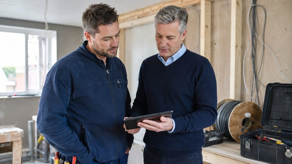 Electrical subcontractor reviewing CIS deductions with an accountant