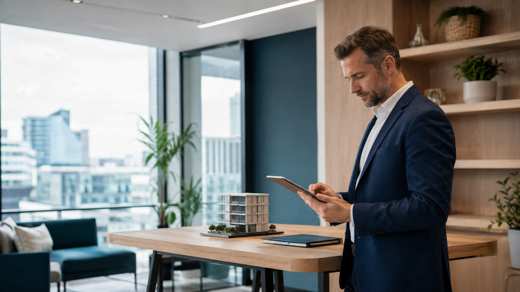 Limited-company director reviewing Corporation Tax records in a modern office