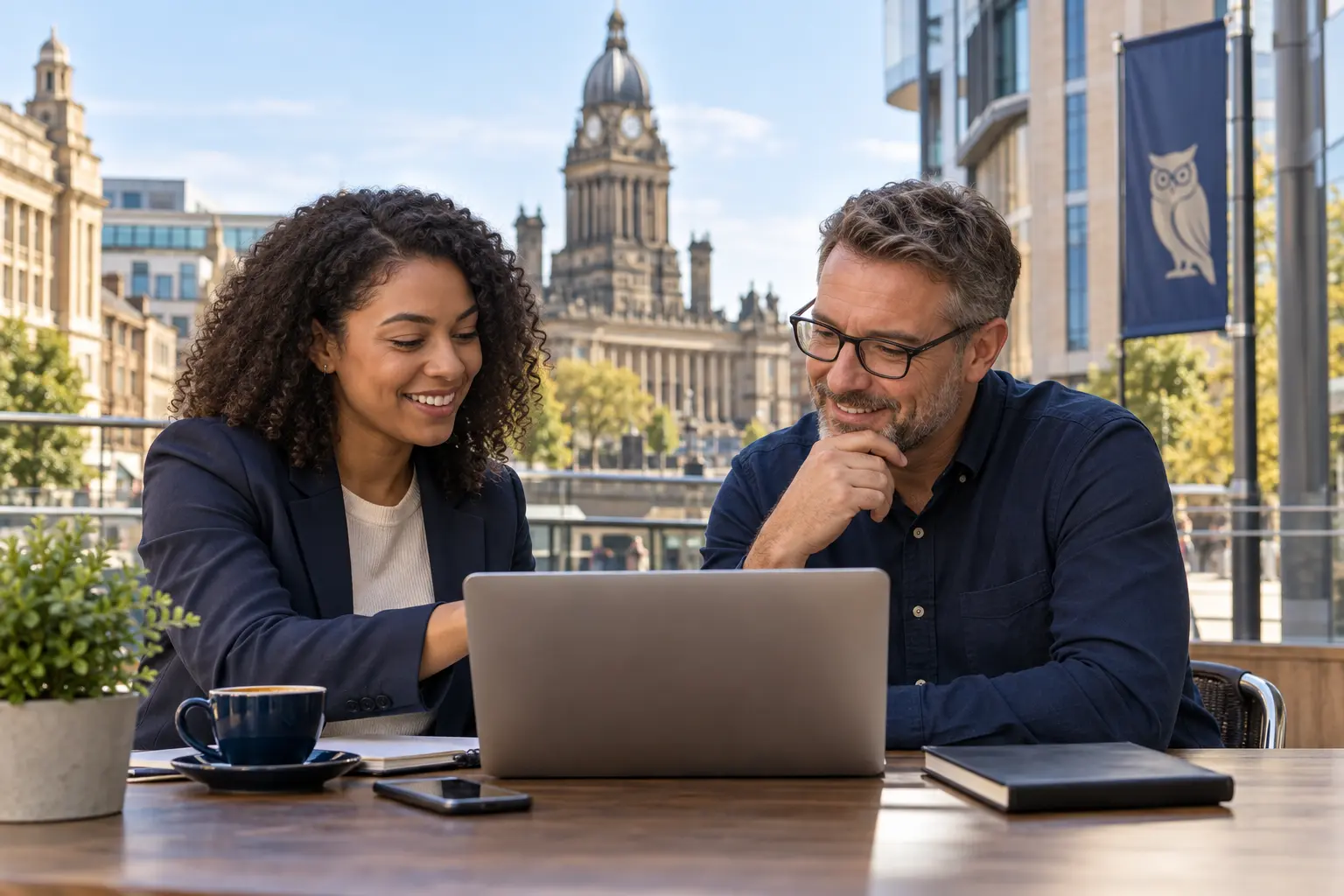 Professional bookkeeper helping a Leeds small business owner review organised digital records