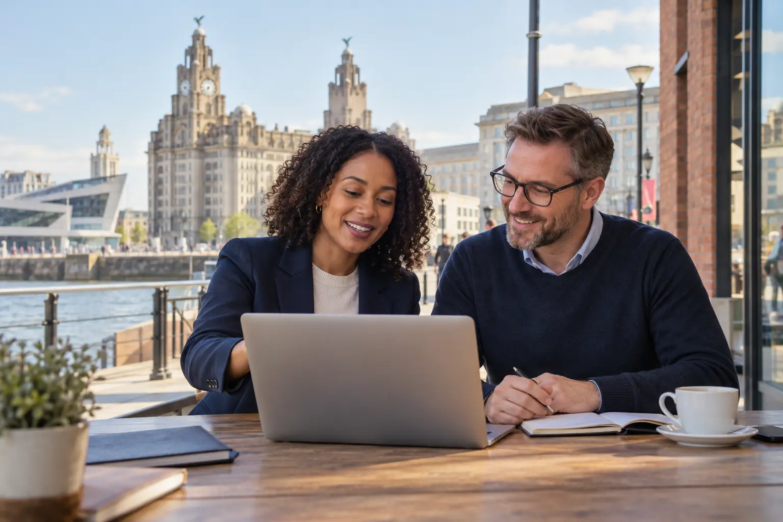Professional bookkeeper helping a Liverpool small business owner review organised digital records