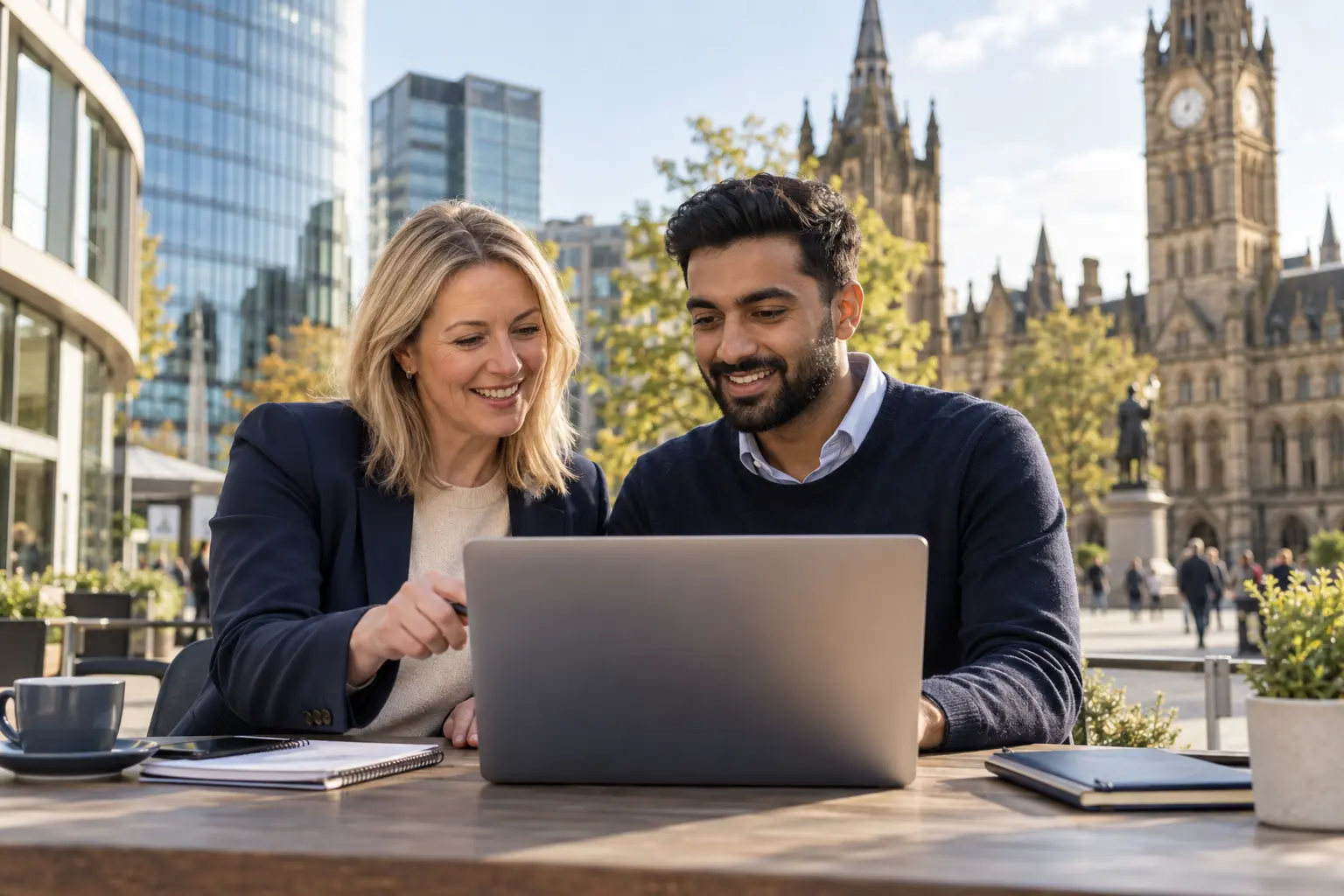 Professional bookkeeper helping a Manchester small business owner review organised digital records