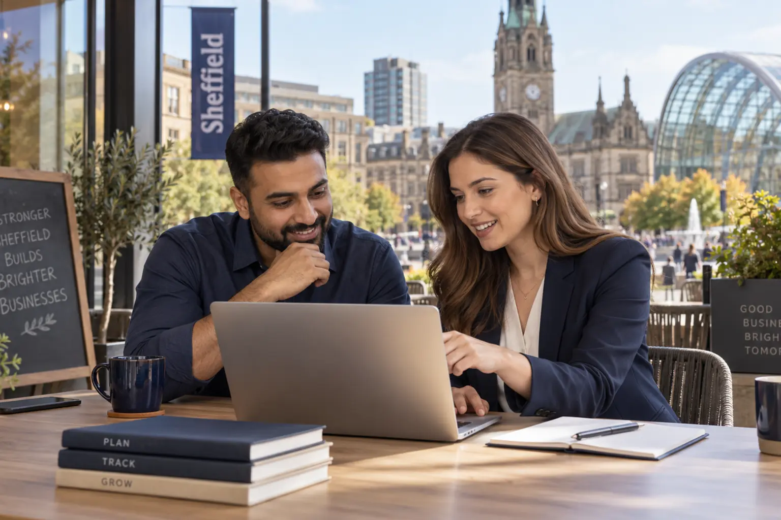 Professional bookkeeper helping a Sheffield small business owner review organised digital records