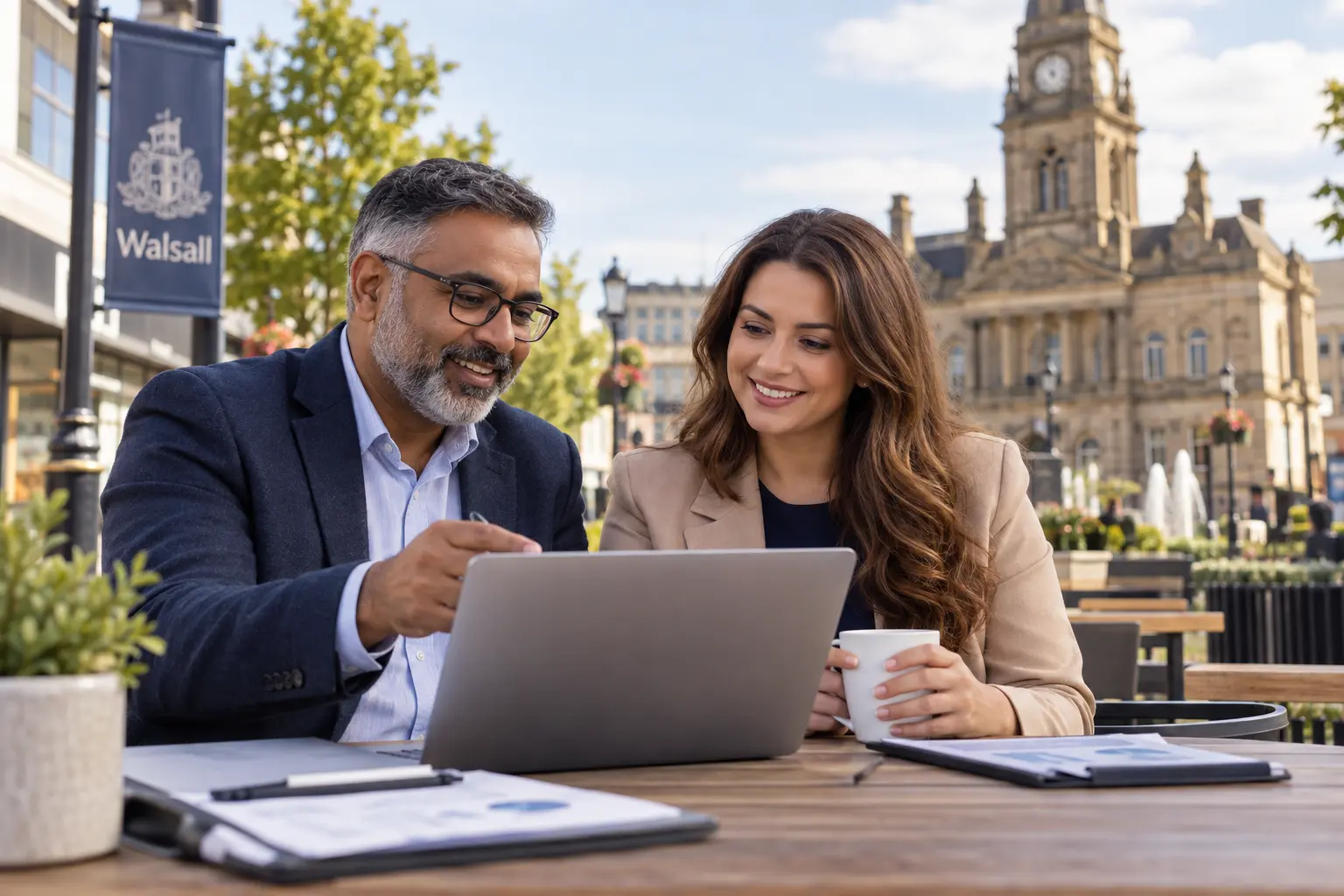 Professional bookkeeper helping a Walsall small business owner review organised digital records