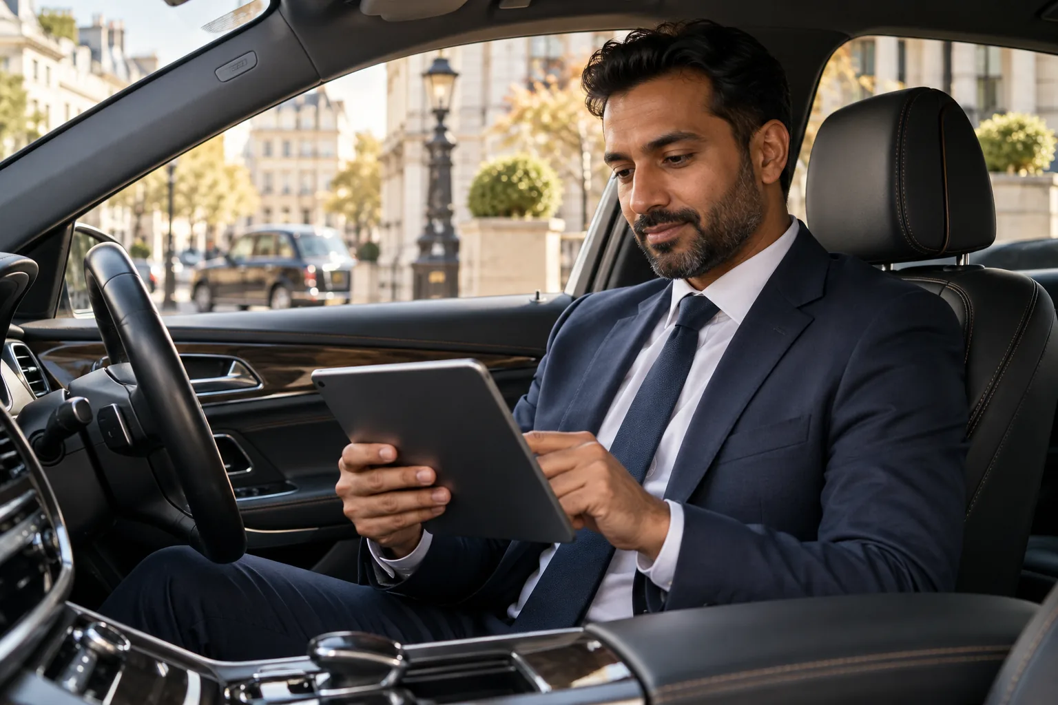 Private-hire driver reviewing insurance details inside a modern car