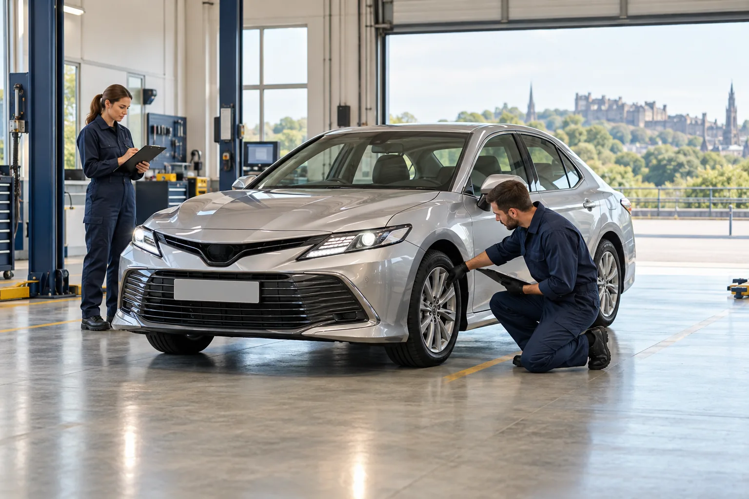 Modern private-hire vehicle undergoing a professional safety inspection