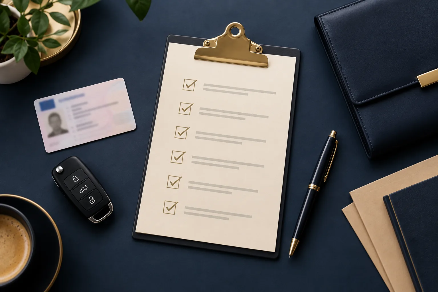 Private-hire licensing checklist with driving document and car key