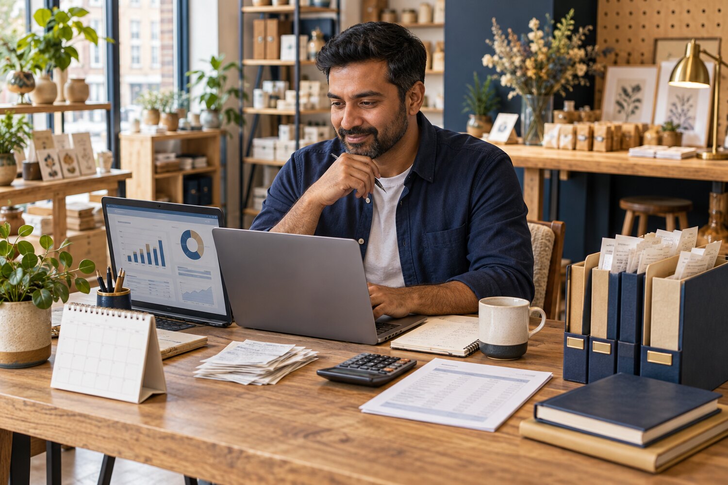 Sole trader reviewing monthly bookkeeping records in a UK shop