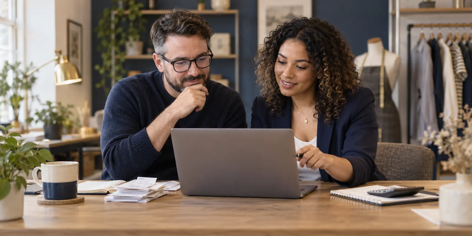 Bookkeeper helping a small business owner review organised financial records