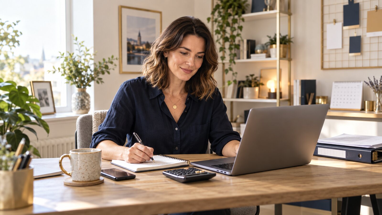 Sole trader calculating an hourly rate in a modern home office