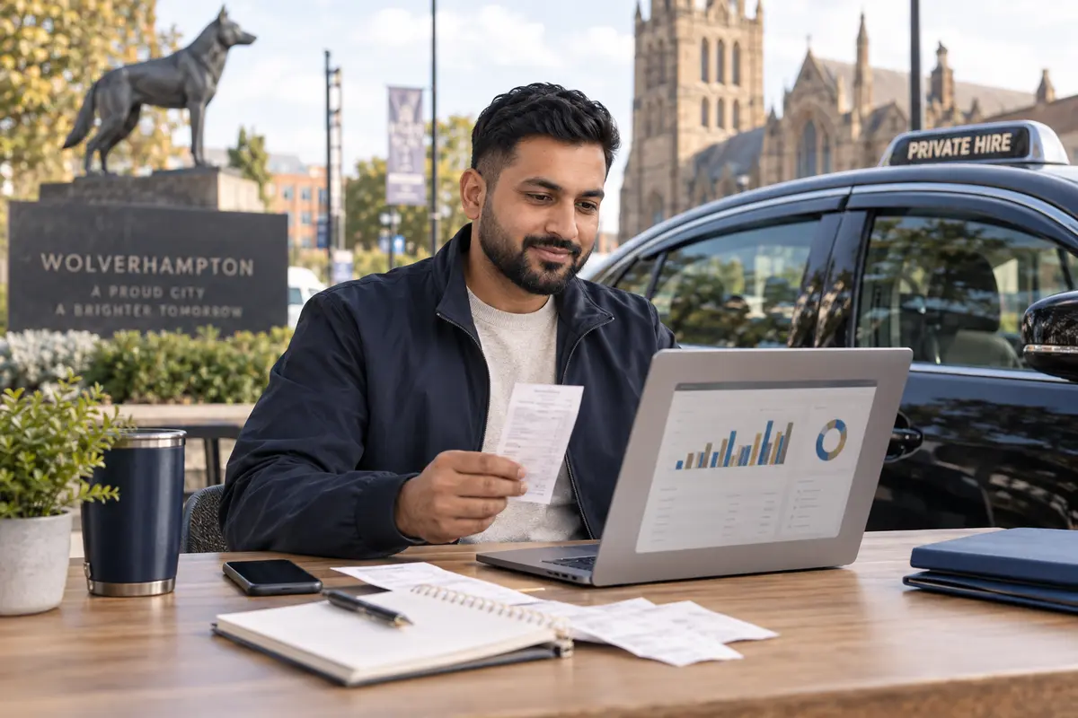 Taxi driver in Wolverhampton reviewing organised income records and fuel receipts