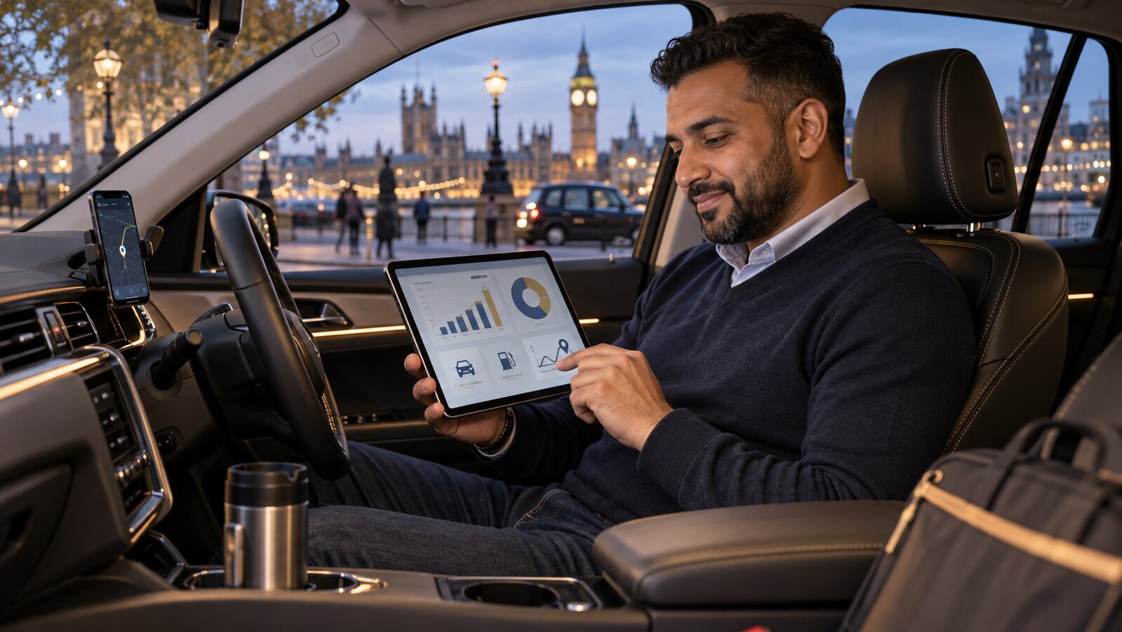 UK private-hire driver reviewing weekly earnings and vehicle costs on a tablet